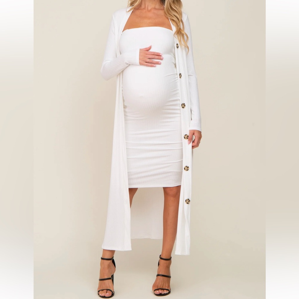 White Ribbed Maternity Dress with Cardigan Set